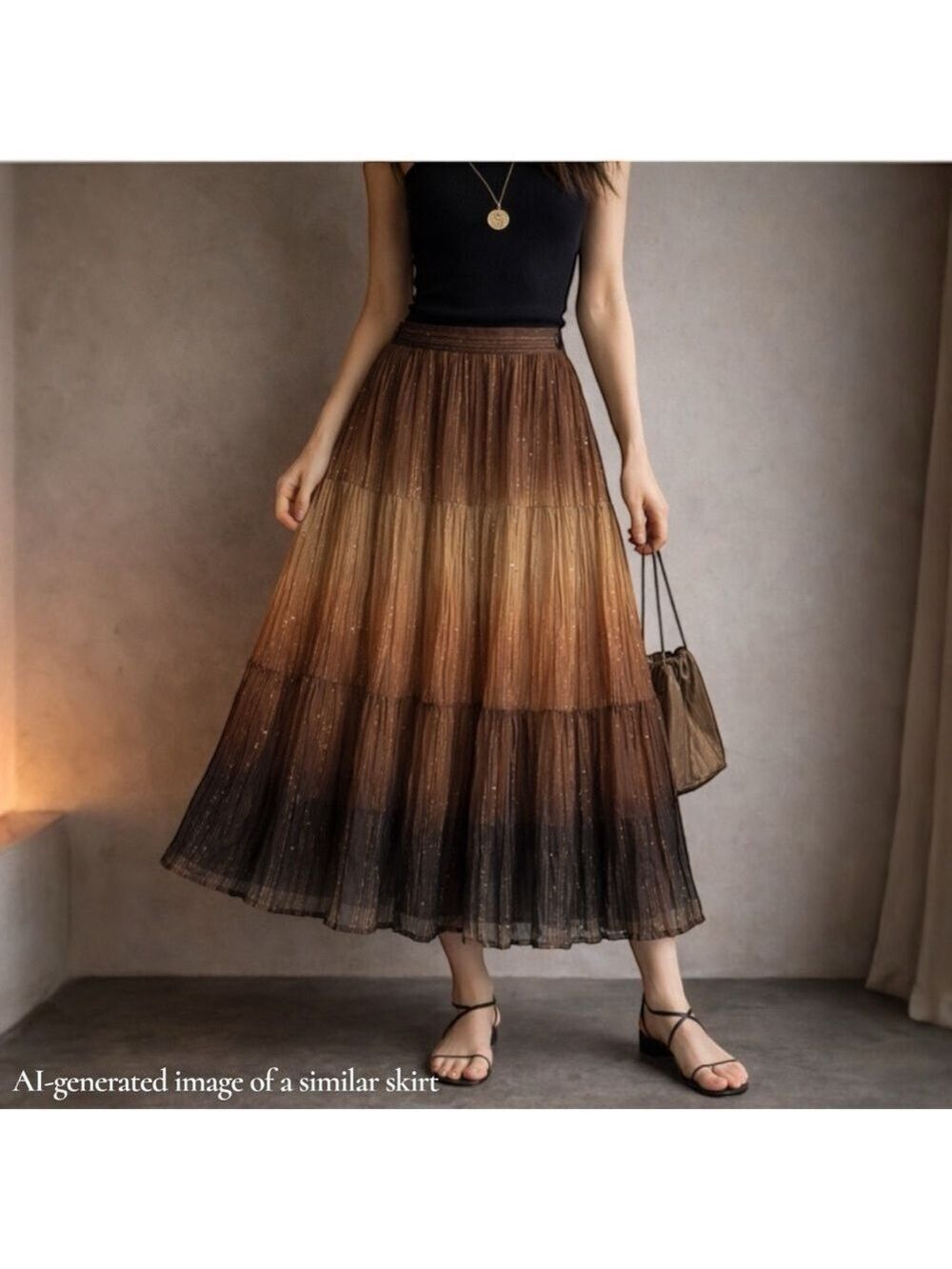 Y2K Boho Ombré Chiffon Midi Skirt Sz 8 Brown Black Sequin Fairy Festival Grunge
